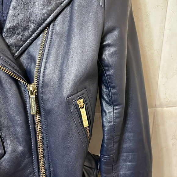 MICHAEL BY MICHAEL KORS MOTO MIDNIGHT BLUE BLACK LEATHER JACKET & GOLD HARDWARE - Picture 11 of 11
